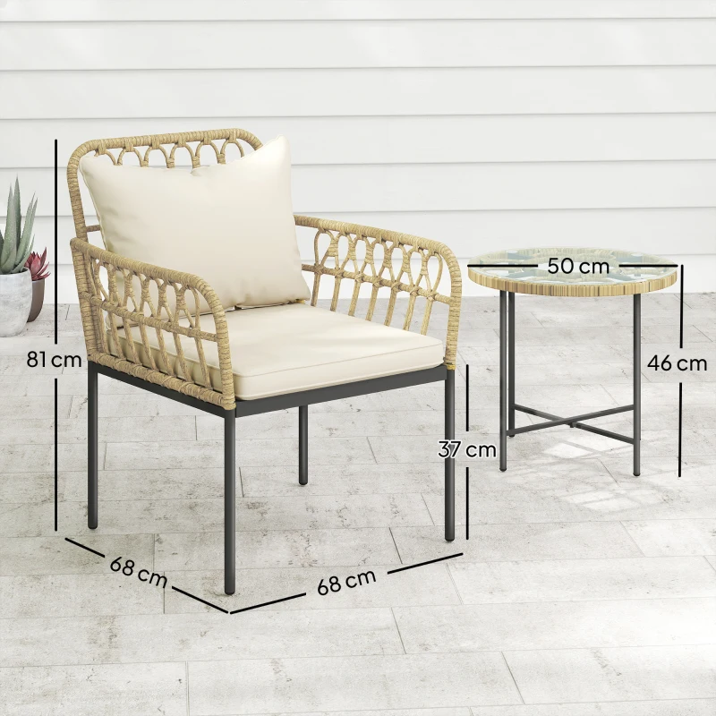 Best 3 Piece Rattan Bistro Set, Wicker Garden Furniture Set with Cushions, Glass Top Coffee Table and Chairs for Outdoor, Patio, Balcony, Beige - Image 3
