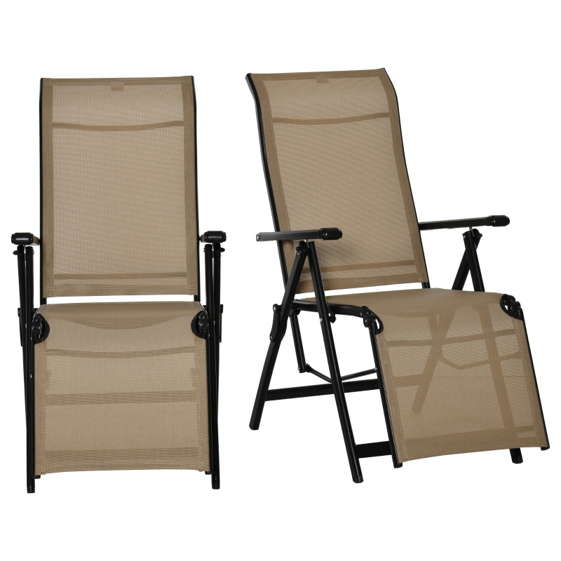 Outdoor Set of 2 Outdoor Sun Lounger 10-Position Adjustable Texteline Folding Reclining Chairs with Footrest for Patio Garden, Beige - Image 13