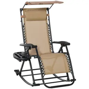 Best Garden Rocking Chair Folding Recliner Outdoor Adjustable Sun Lounger Rocker Zero-Gravity Seat with Headrest Side Holder Patio Deck - Beige