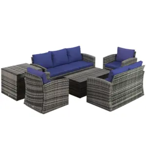 Best 6 Pieces Rattan Garden Furniture Set, 7 Seater Wicker Outdoor Furniture Set with Storage Tea Table & Side Table, Sectional Garden Sofa Set with Cushions, Navy Blue