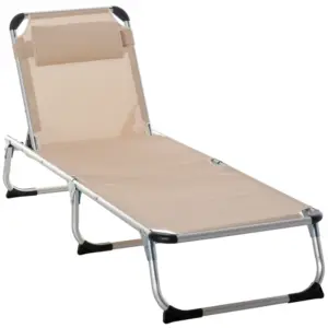 Best Foldable Outdoor Sun Lounger, Reclining Lounge Chair Camping Bed Cot with Pillow 4-Level Adjustable Back Aluminium Frame, Khaki