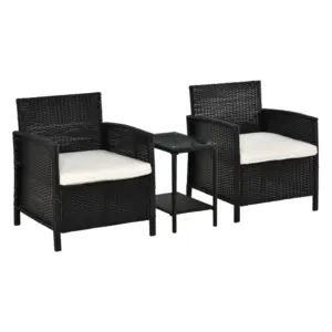 Best 2-Seater PE Rattan Side Table & Armchair Bistro Set Jack and Jill Seat w/ Pillows Black