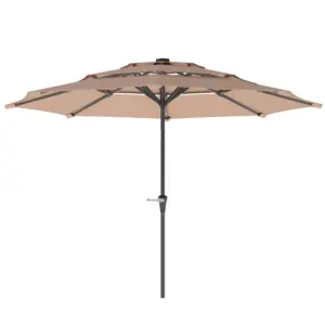 Best 3-Tier Garden Parasol with Solar LED Lights, UPF 30+, Tilt Mechanism & Crank Handle, for Market Terrace, Khaki