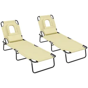 Best Outdoor Folding Sun Lounger Set of 2 with Face Hole, 4 Level Adjustable Backrest Reclining Garden Lounger, Garden Recliner Sunbed with 600 D Oxford Cloth Seat and Pillow for Beach, Beige