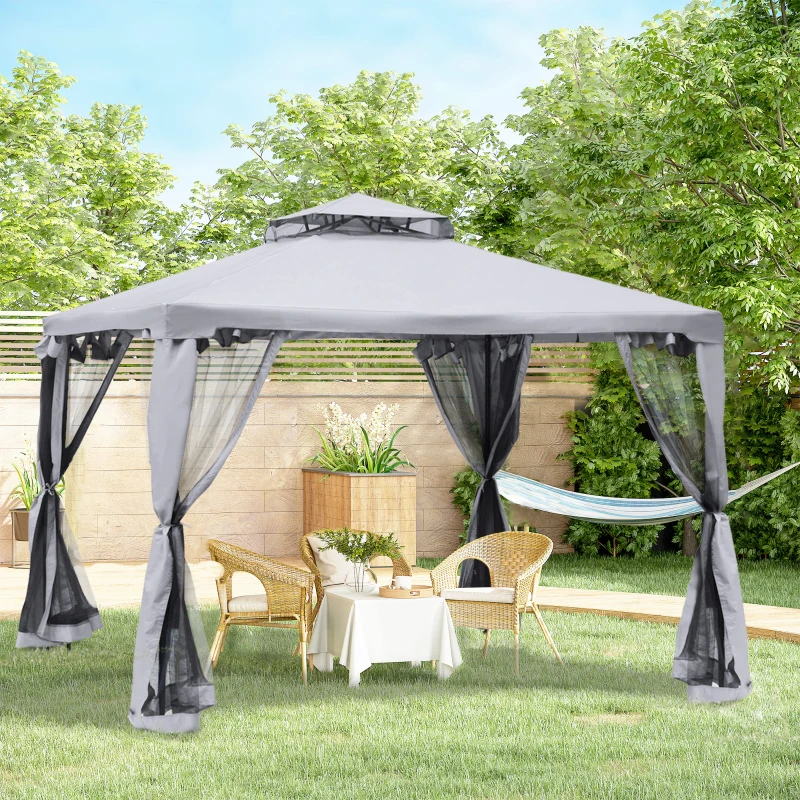 Best 3 x 3 m Metal Gazebo, Garden Pavillion, Double Roof Outdoor Canopy Shelter with Mesh Sidewalls, Grey - Image 2
