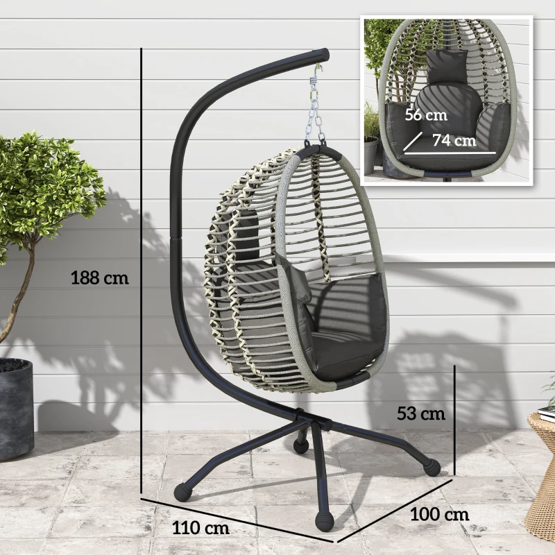Best Outdoor Swing Chair with Thick Padded Cushion, Patio Hanging Egg Chair with Metal Stand, Foldable Basket, Cup Holder, Rope Structure for Indoor & Outdoor, Dark Grey - Image 3