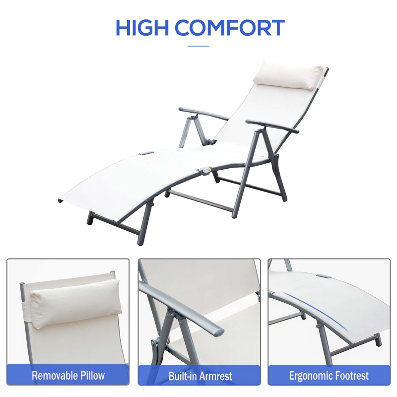 Best Sun Lounger Steel Frame Outdoor Folding Chaise Texteline Lounge Chair Recliner with Headrest & 7 Levels Adjustable Backrest, Cream White - Image 5