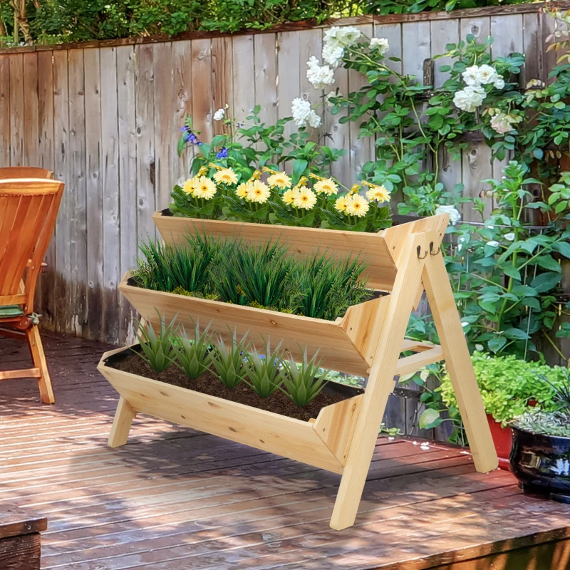Best 3 Tier Raised Beds for Garden, Wooden Planter Boxes with Clapboard and Hooks, 142L, 120 x 68 x 80cm - Image 2