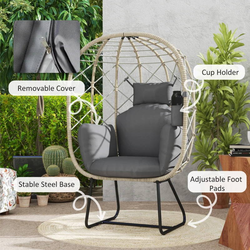 Best Rattan Egg Chair Outdoor Indoor Wicker Chair with Thickened Cushion and Headrest, Standing Garden Egg Chair with Cup Holder, Metal Frame for Patio, Balcony, Grey - Image 7
