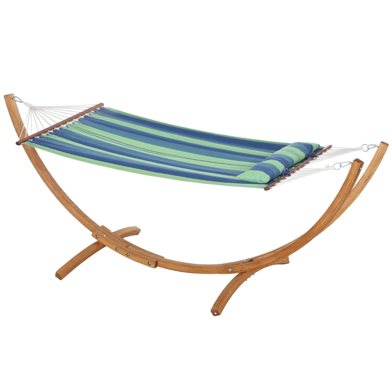 Best Outdoor Hammock with Stand, Garden Hammock with Triple-Head Eucalyptus Wood Arc Frame, 1 Person Cotton Bed and Head Pillow, Freestanding Garden Swing Bed for Patio, Blue Stripe - Image 11