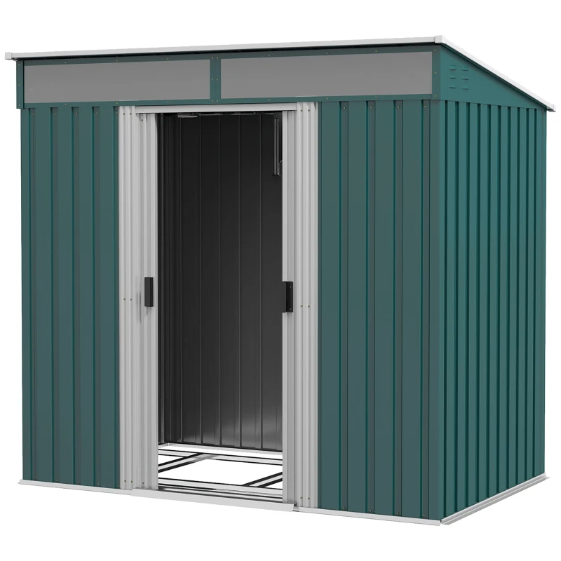 Best 6.5 x 4FT Galvanised Metal Shed with Foundation Kit, Lockable Tool Garden Shed with Double Sliding Doors, Vents, Green