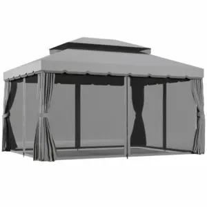 Best 3 x 4m Aluminium Garden Gazebo, Marquee Canopy Shelter Pavilion Party Tent with Nets and Curtains for Garden and Deck, Light Grey