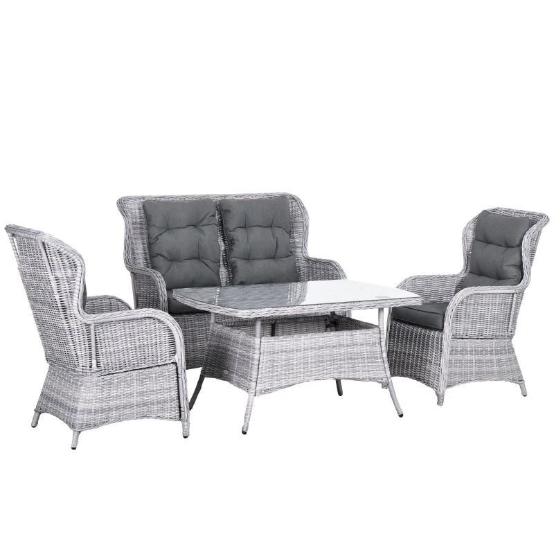 Best Garden PE Rattan Dining Sofa Set, Outdoor 4 Seater Wicker Furniture, High Back Chairs with Cushions, Tempered Glass Coffee Table for Patio, Mixed Grey
