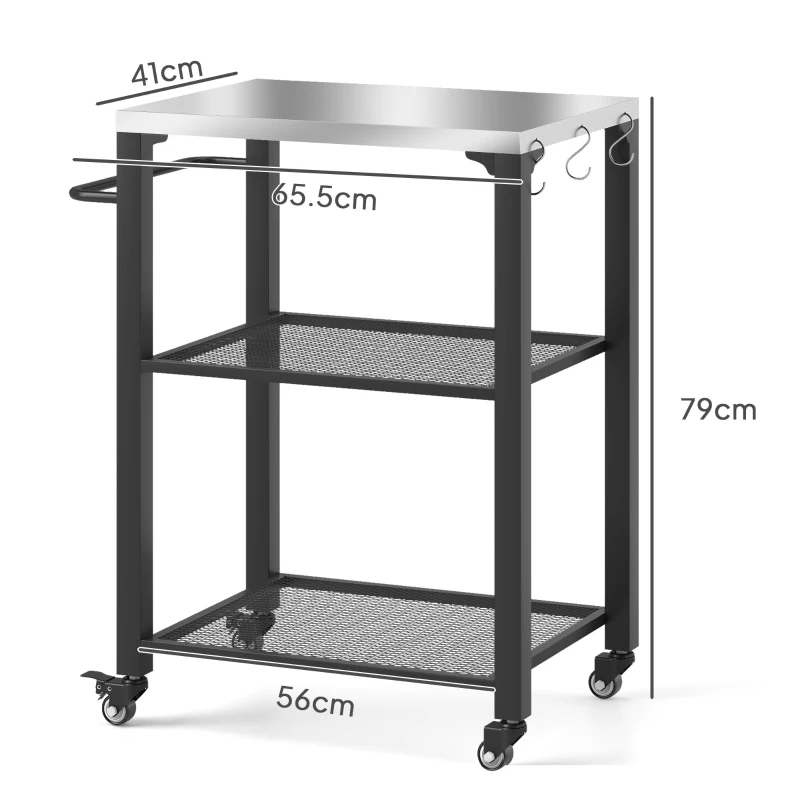 Best Three-Shelf Outdoor Grill Cart with Stainless Steel Top, Outdoor Kitchen Island with 4 Wheels, 3 Hooks, Movable Food Prep Pizza Oven Table for Kitchen, Patio, Garden, 65.5 x 41 x 79 cm - Image 3