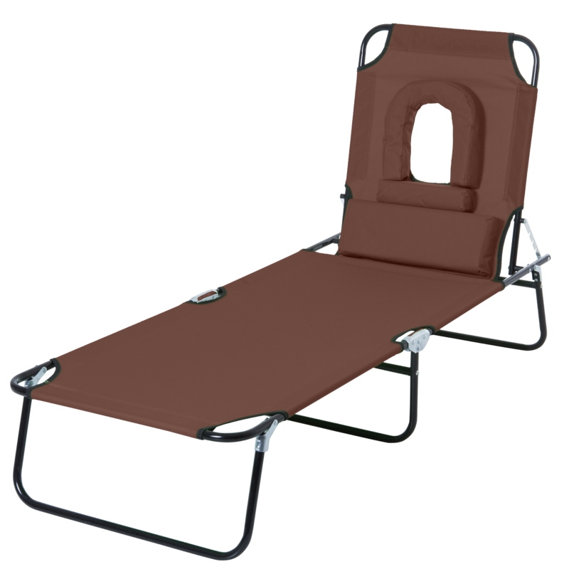 Best Outdoor Folding Sun Lounger with Face Hole, 4 Level Adjustable Backrest Reclining Garden Lounger, Garden Recliner Sunbed with 600 D Oxford Cloth Seat and Pillow for Beach, Brown - Image 11