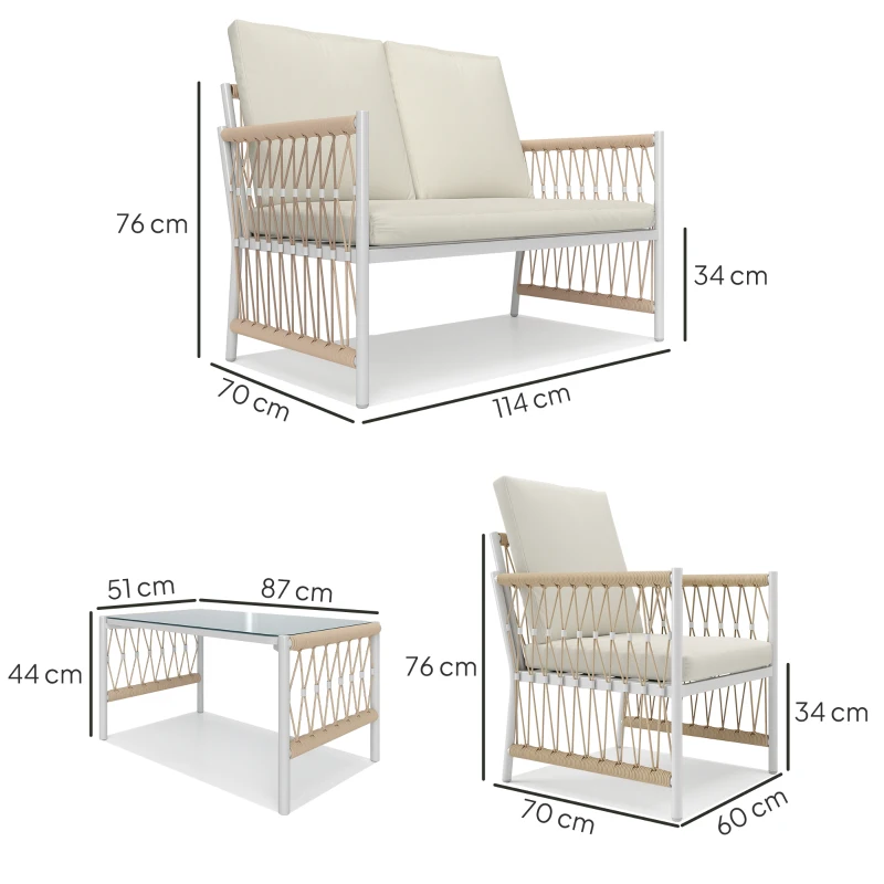 Best 4 Piece Rattan Garden Furniture Set, 4 Seater Wicker Patio Conversation Set with 2 Armchairs, Loveseat, Glass Top Coffee Table and Cushions for Outdoor, Balcony, Khaki - Image 3