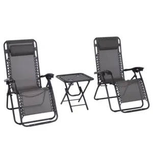 Best 3pcs Folding Zero Gravity Chairs Sun Lounger Table Set w/ Cup Holders Reclining Garden Yard Pool, Dark Grey