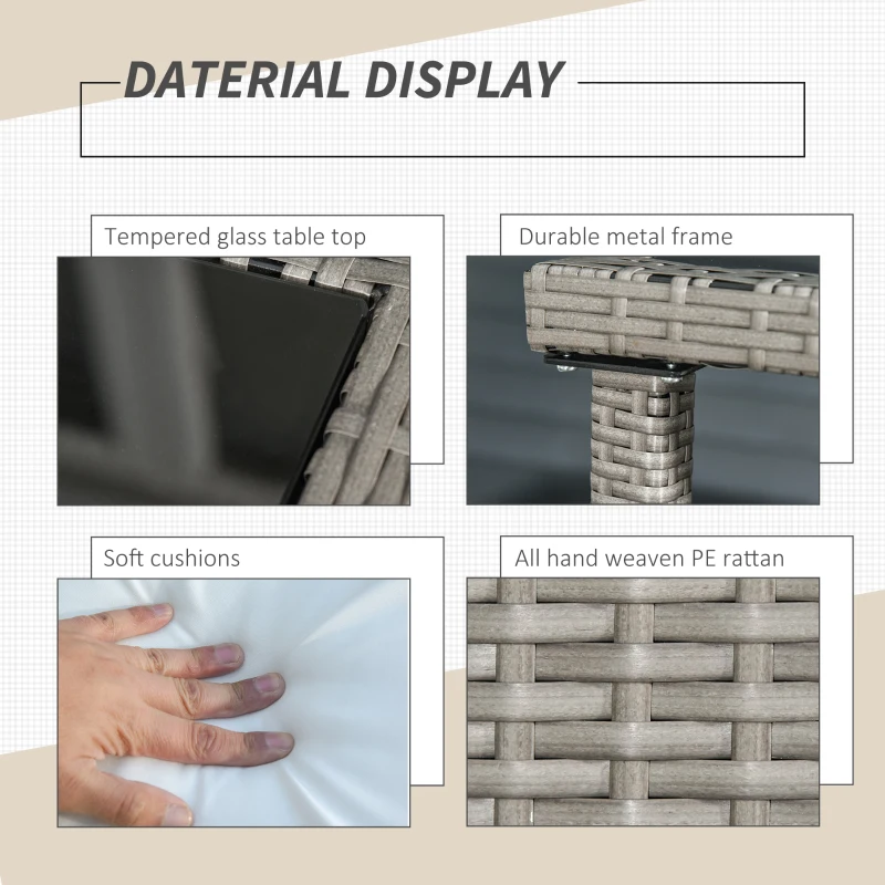 Best 2 Seater Rattan Cube Garden Furniture Set, Rattan Dining Set with Cushions, Outdoor Dining Table and Chairs with 2 Armchairs, 2 Stools, Rectangular Glass Top Table for Patio, Balcony, Grey - Image 7