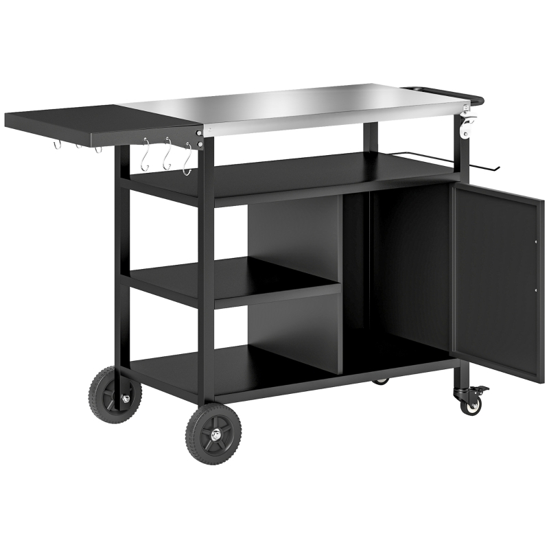 Best Outdoor BBQ Trolley with Foldable Side Table, Stainless Steel Top, Outdoor Kitchen with Wheels Hooks Shelves Cabinet, Pizza Oven Table Movable Outdoor Grill Dining Cart with Cover, Black - Image 11