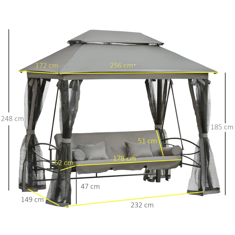 Best 3 Seater Swing Chair 3-in-1 Convertible Garden Swing Seat Bed Gazebo Patio Bench Outdoor with Double Tier Canopy, Cushioned Seat, Mesh Sidewalls, Grey - Image 3