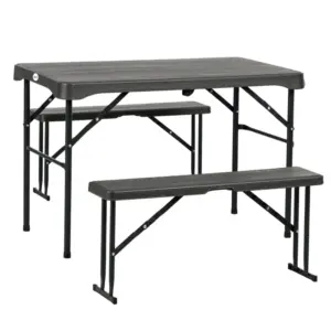 Best Folding Picnic Table with 2 Benches, 3-Piece Portable Garden Furniture Set for 4, Dining Table Set with Plastic Top, Steel Frame, Dark Grey