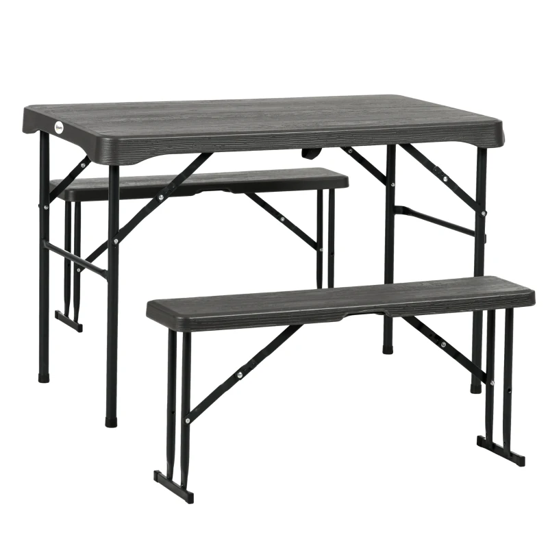 Best Folding Picnic Table with 2 Benches, 3-Piece Portable Garden Furniture Set for 4, Dining Table Set with Plastic Top, Steel Frame, Dark Grey
