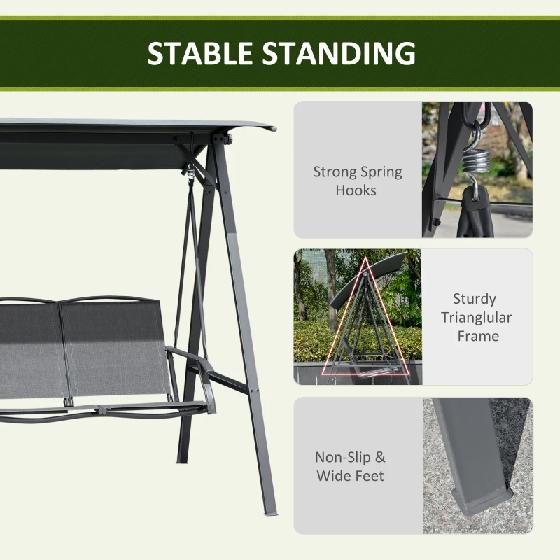 Best 2 Seater Garden Swing Seat Swing Chair, Outdoor Canopy Swing Bench with Adjustable Shade, Metal Frame and Texteline Seat, Dark Grey - Image 6