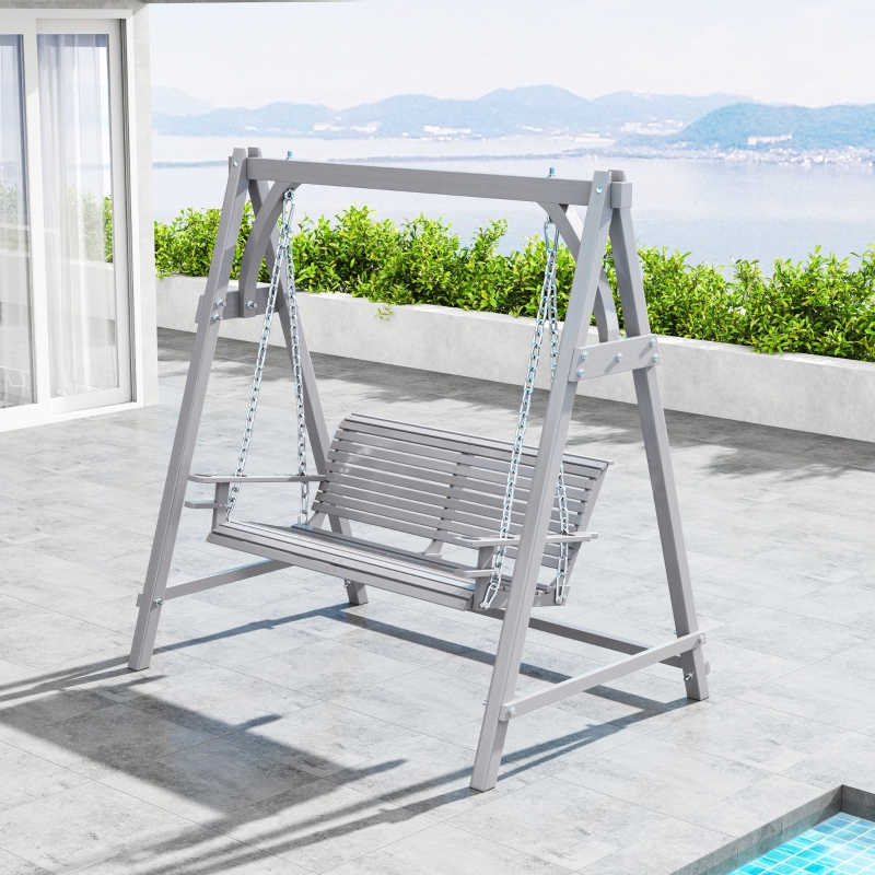 Best 2 Seater Garden Swing Seat, Wooden Swing Chair Bench with Cup Holders for Outdoor Porch Patio, Grey - Image 9