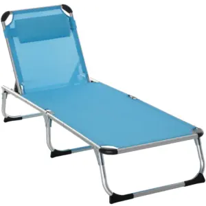 Best Foldable Outdoor Sun Lounger, Reclining Lounge Chair Camping Bed Cot with Pillow 4-Level Adjustable Back Aluminium Frame, Blue