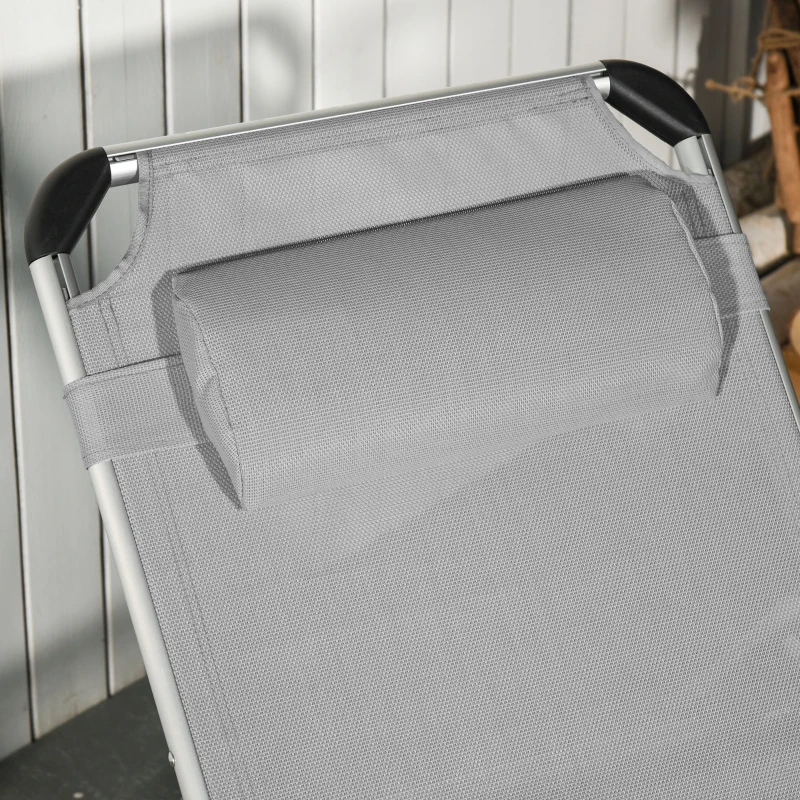 Best Foldable Reclining Sun Lounger Lounge Chair Camping Bed Cot w/ Pillow 4-Level Adjustable Back Aluminium Frame Grey - Image 7