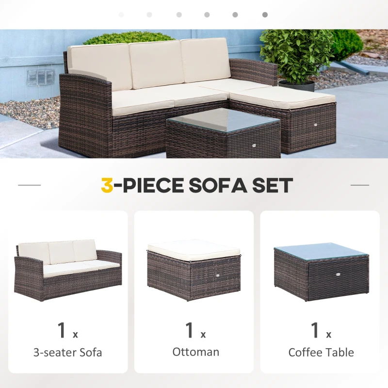 Best 3 Pieces Outdoor PE Rattan Corner Sofa Set with Thick Cushions, Patio Rattan Garden Furniture with Glass Top Coffee Table and Footstool, Brown - Image 4
