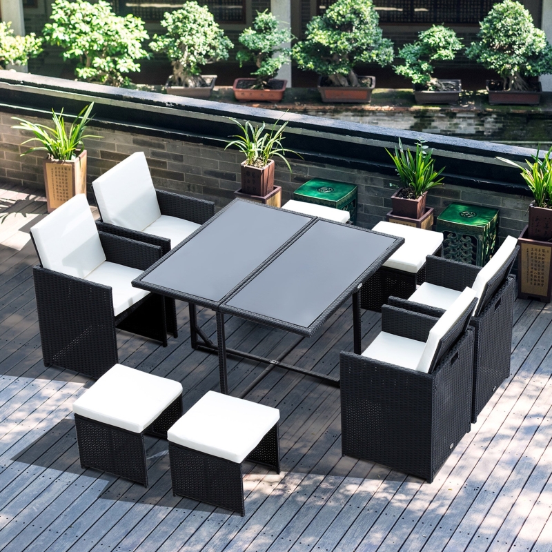 Best 8 Seater Rattan Cube Garden Furniture Set, Rattan Dining Set with Cushions, Outdoor Dining Table and Chairs with 4 Armchairs, 4 Stools, Square Glass Top Table, Black - Image 10
