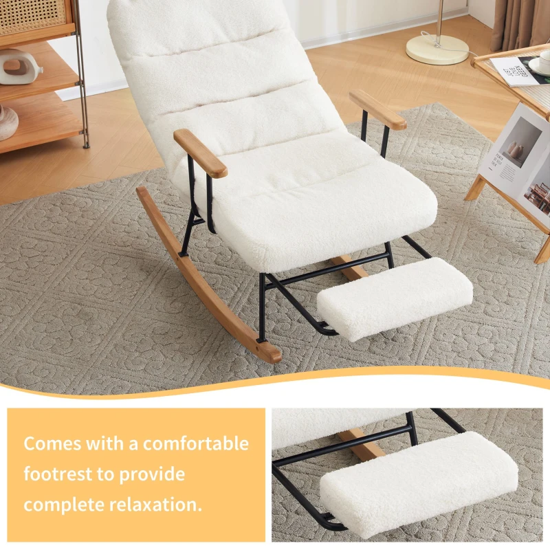 Fabric Tufted Boucle Armchair with Metal Legs, Wooden Base, High Back Rocking Chair for Living Room, Bedroom, 63.5x102x100 cm, White - Image 6