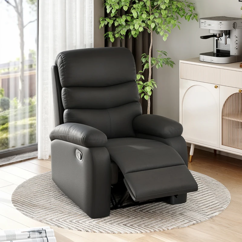 Best PU Leather Reclining Chair, Manual Recliner Chair with Padded Armrests, Retractable Footrest and Wood Frame, Black - Image 2