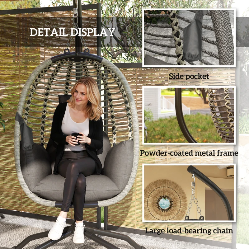 Best Outdoor Swing Chair with Thick Padded Cushion, Patio Hanging Egg Chair with Metal Stand, Foldable Basket, Cup Holder, Rope Structure for Indoor & Outdoor, Dark Grey - Image 7