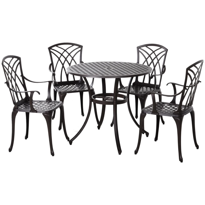 Best 5 Pieces Garden Dining Set for 4, Cast Aluminium Outdoor Dining Set with 4 Armchairs and Round Dining Table with Parasol Hole, Garden Furniture Set, Brown