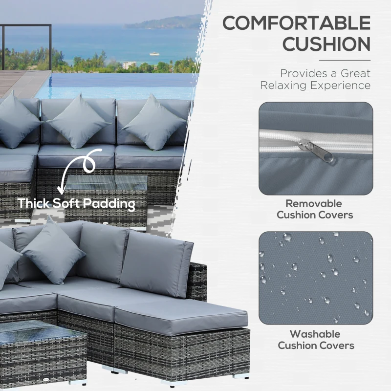 Best 8 Pieces PE Rattan Corner Sofa Set with Thick Cushions, Aluminium Outdoor Rattan Garden Furniture Set with Glass Top Table, No Assembly Required, Grey - Image 5