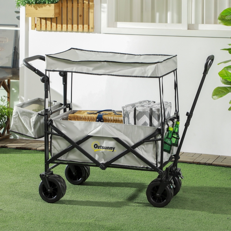 Best Folding Trolley Cart Storage Wagon Beach Trailer 4 Wheels with Handle Overhead Canopy Cart Push Pull for Camping, Grey - Image 10