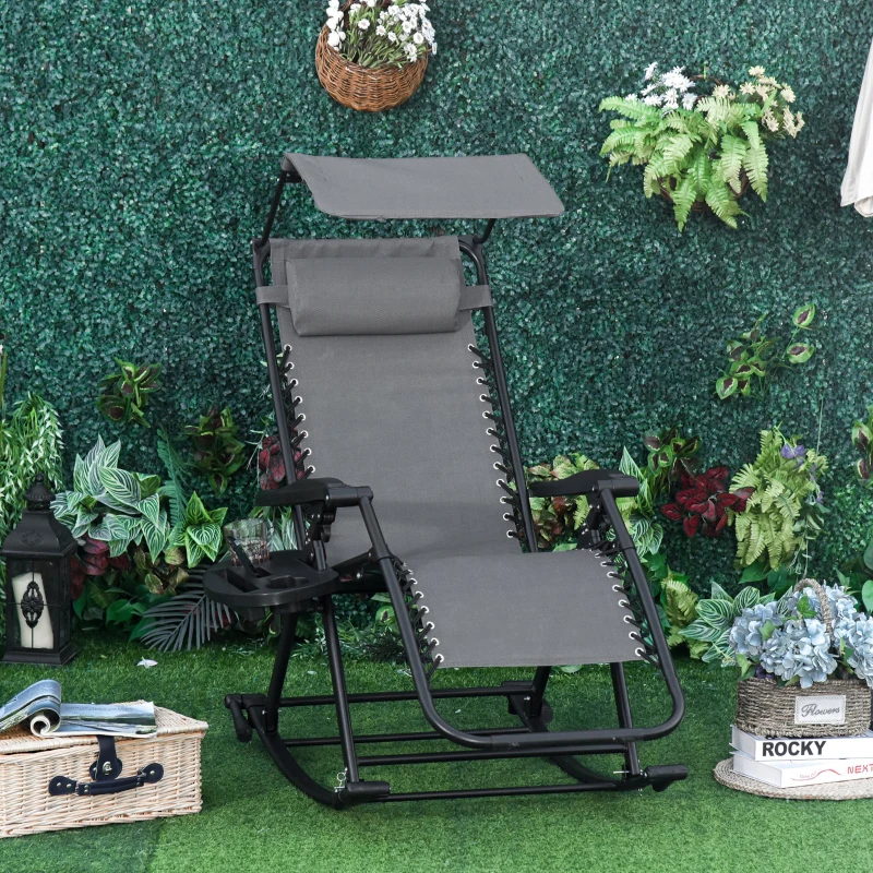 Best Garden Rocking Chair Folding Recliner Outdoor Adjustable Sun Lounger Rocker Zero-Gravity Seat with Headrest Side Holder Patio Deck - Grey - Image 2
