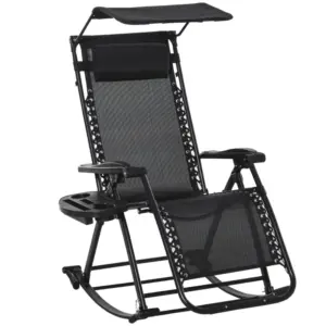 Best Garden Rocking Chair Folding Recliner Outdoor Adjustable Sun Lounger Rocker Zero-Gravity Seat with Headrest Side Holder Patio Deck - Black