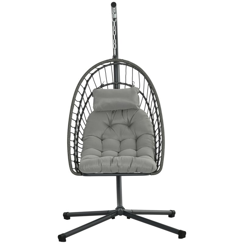 Best Outdoor PE Rattan Swing Chair with Foldable Basket and Cushion, Garden Patio Hanging Egg Chair with Metal Stand, Headrest for Indoor and Outdoor, Light Grey - Image 11