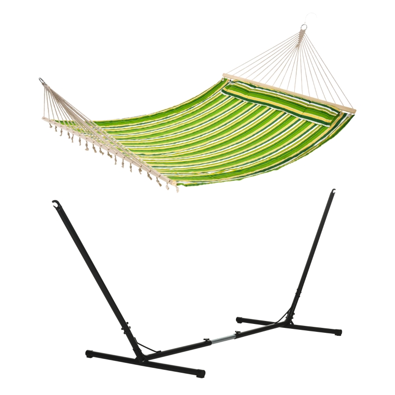 Best Outdoor Garden Hammock with Stand, Double Cotton Hammock with Adjustable Steel Frame, Swing Hanging Bed with Pillow, for Garden, Patio, Beach, Green Stripes - Image 11