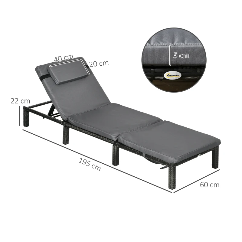 Best Set of Two Reclining Rattan Sun Loungers, with Cushions - Grey - Image 3