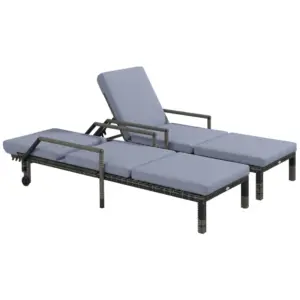 Best Outdoor PE Rattan Sun Lounger Set of 2, Wicker Chaise Recliner Garden Chair with 5-Level Adjustable Backrest and 2 Wheels, Dark Grey