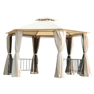 Best 3 x 3(m) Hexagon Gazebo Patio Canopy Party Tent Outdoor Garden Shelter w/ 2 Tier Roof & Side Panel - Beige