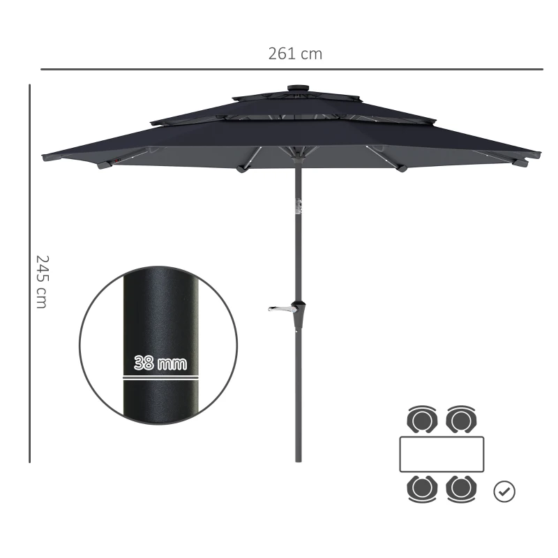 Best 3-Tier Garden Parasol with Solar LED Lights, UPF 30+, Tilt Mechanism & Crank Handle, for Market Terrace, Dark Grey - Image 3