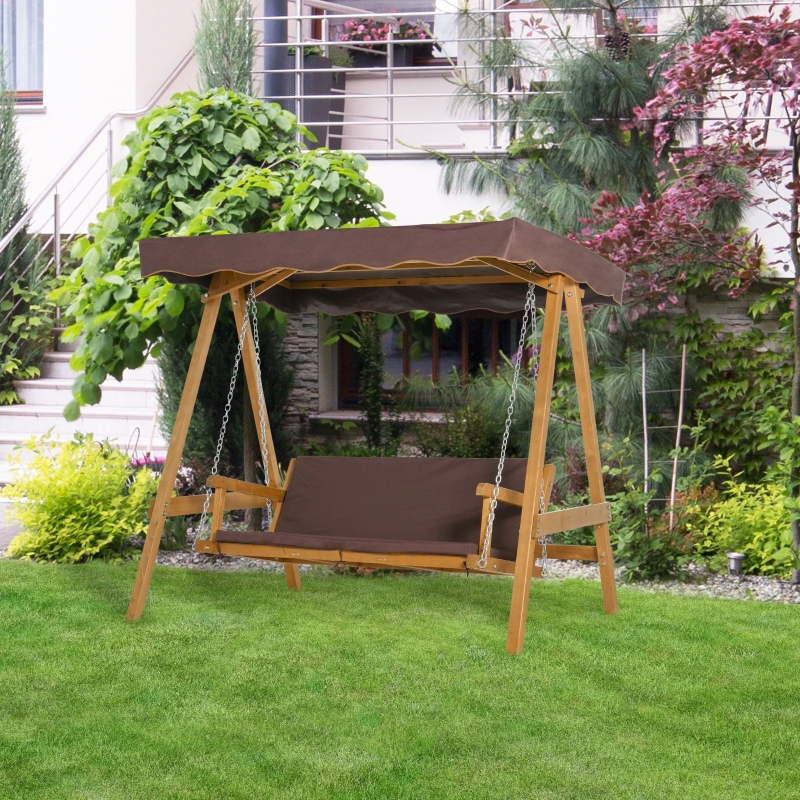 Best 3 Seater Garden Swing Seat Outdoor Swing Chair with Adjustable Canopy, Wooden Hammock Bench with Padded Cushions for Patio Yard, Brown - Image 10