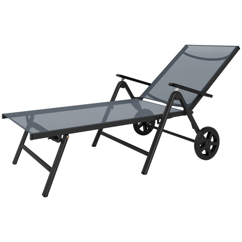 Best Folding Sun Lounger with Wheels, 5-Position Adjustable Garden Chaise Lounge Sunbed with Armrests, Metal Frame Outdoor Portable Reclining Chair for Beach, Porch, Grey - Image 11