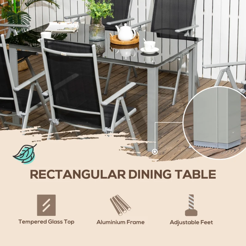Best 7 Piece Garden Dining Set, Outdoor Table and 6 Folding and Reclining Chairs, Aluminium Frame, Tempered Glass Top Table, Texteline Seats, Black - Image 8