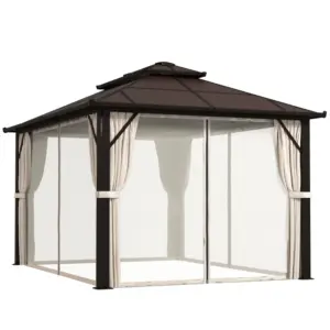 Best 3 x 4m Hardtop Gazebo Canopy with UPF30+ Double Polycarbonate Roof, Aluminium Frame Garden Gazebo Permanent Pavilion with Mosquito Netting and Curtains for Patio, Deck, Beige
